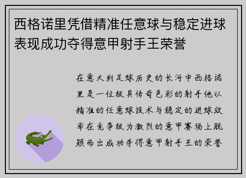 西格诺里凭借精准任意球与稳定进球表现成功夺得意甲射手王荣誉