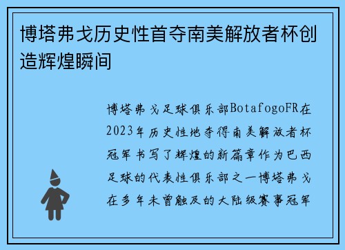 博塔弗戈历史性首夺南美解放者杯创造辉煌瞬间